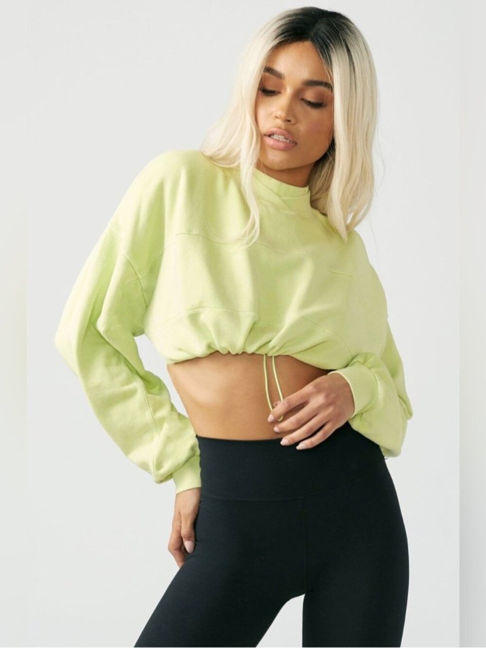 Joah Brown Drawcord Crop Crew Cropped Cotton Sweatshirt Lime Green USA One Size
